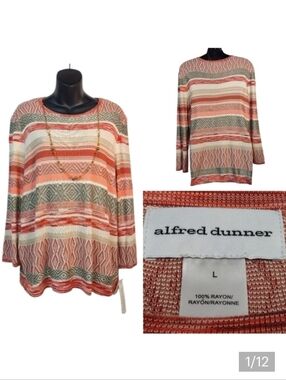 Alfred Dunner Womens 3/4 Sleeve Striped Removable Necklace Boho Sweater Sz L NWT